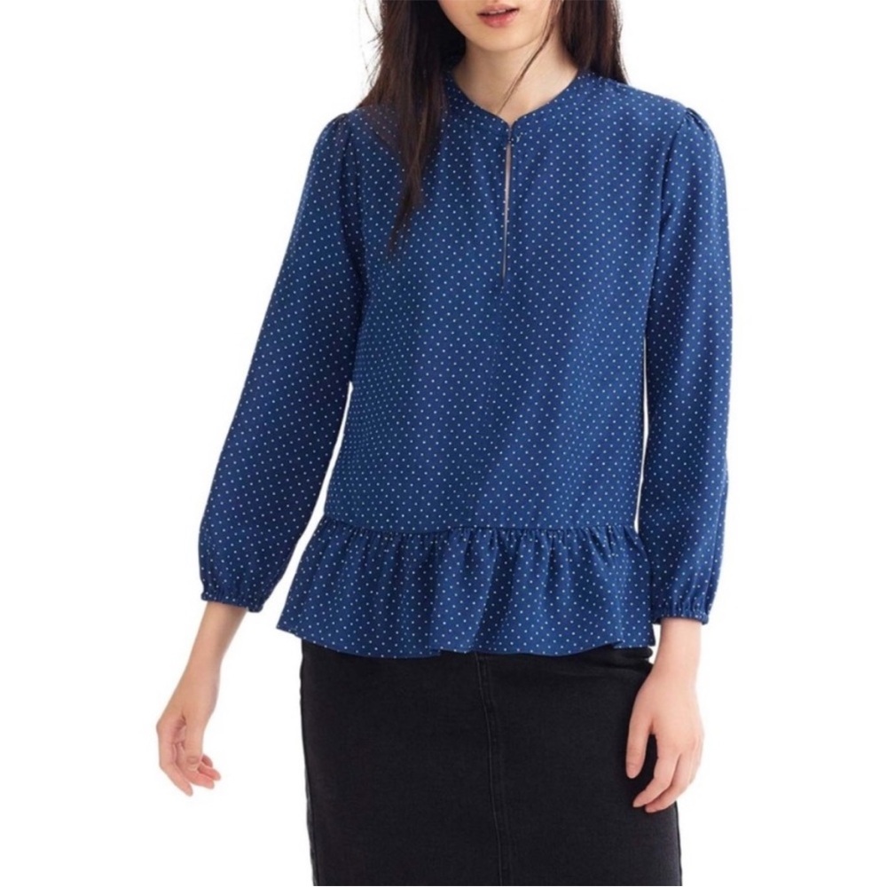 J. Crew Silk Polka Dot Peplum Blouse Top Navy Blue 4